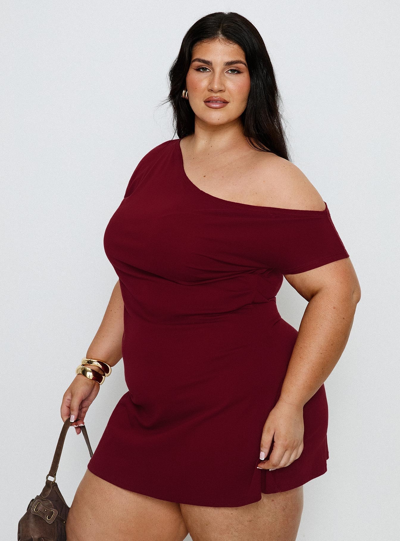 Prestige One Shoulder Mini Dress Burgundy Curve