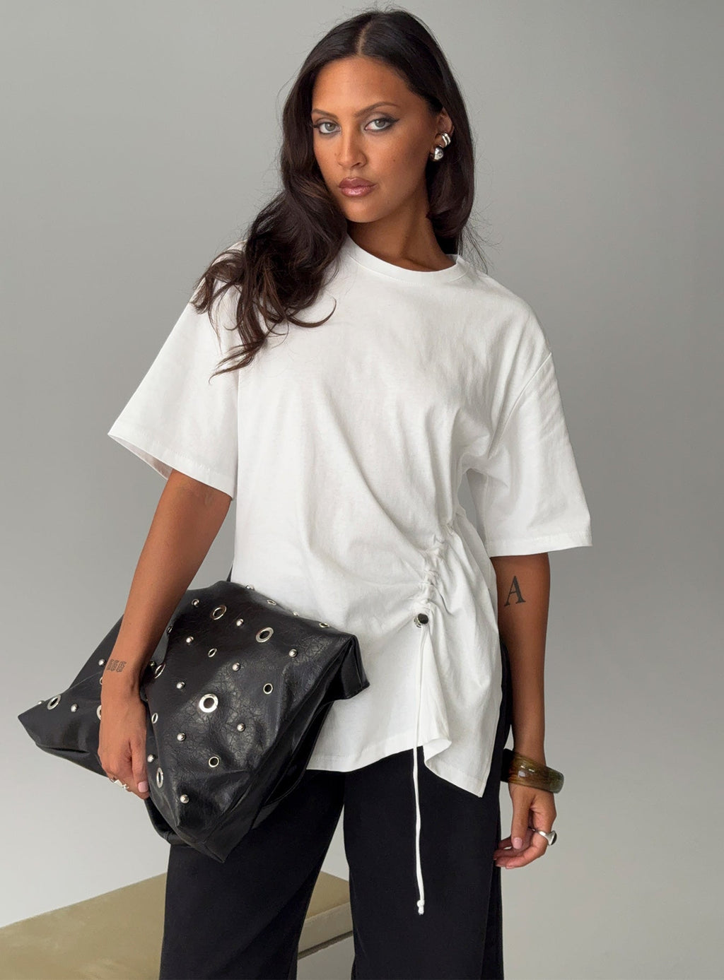 Agnessa Ruched Detail Oversized Tee White