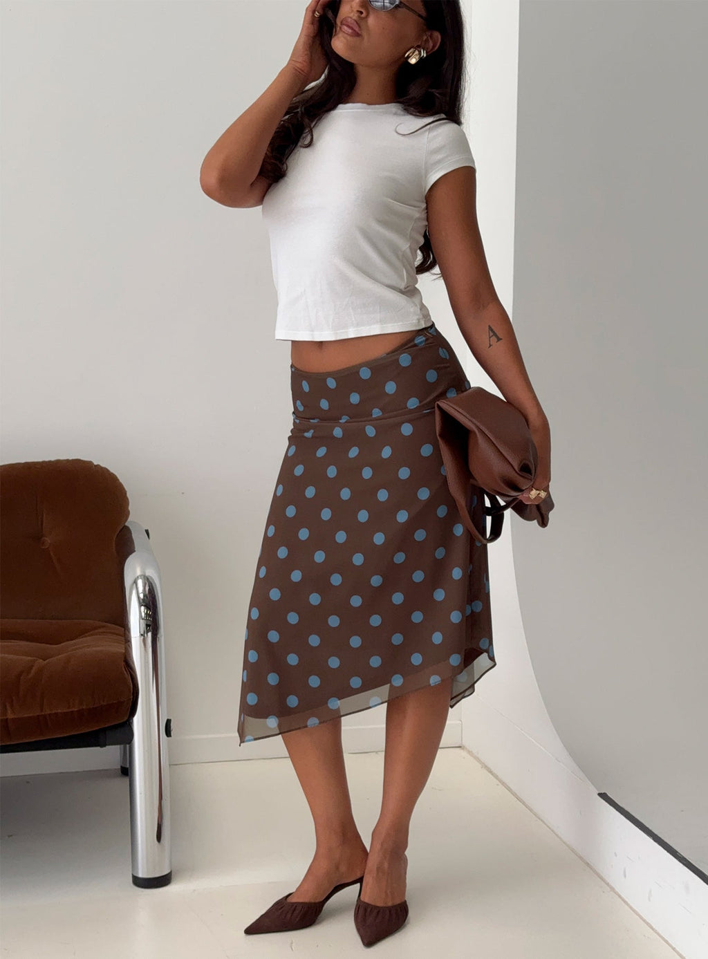 Daphene Asymmetrical Midi Skirt Brown / Blue Polka Dot