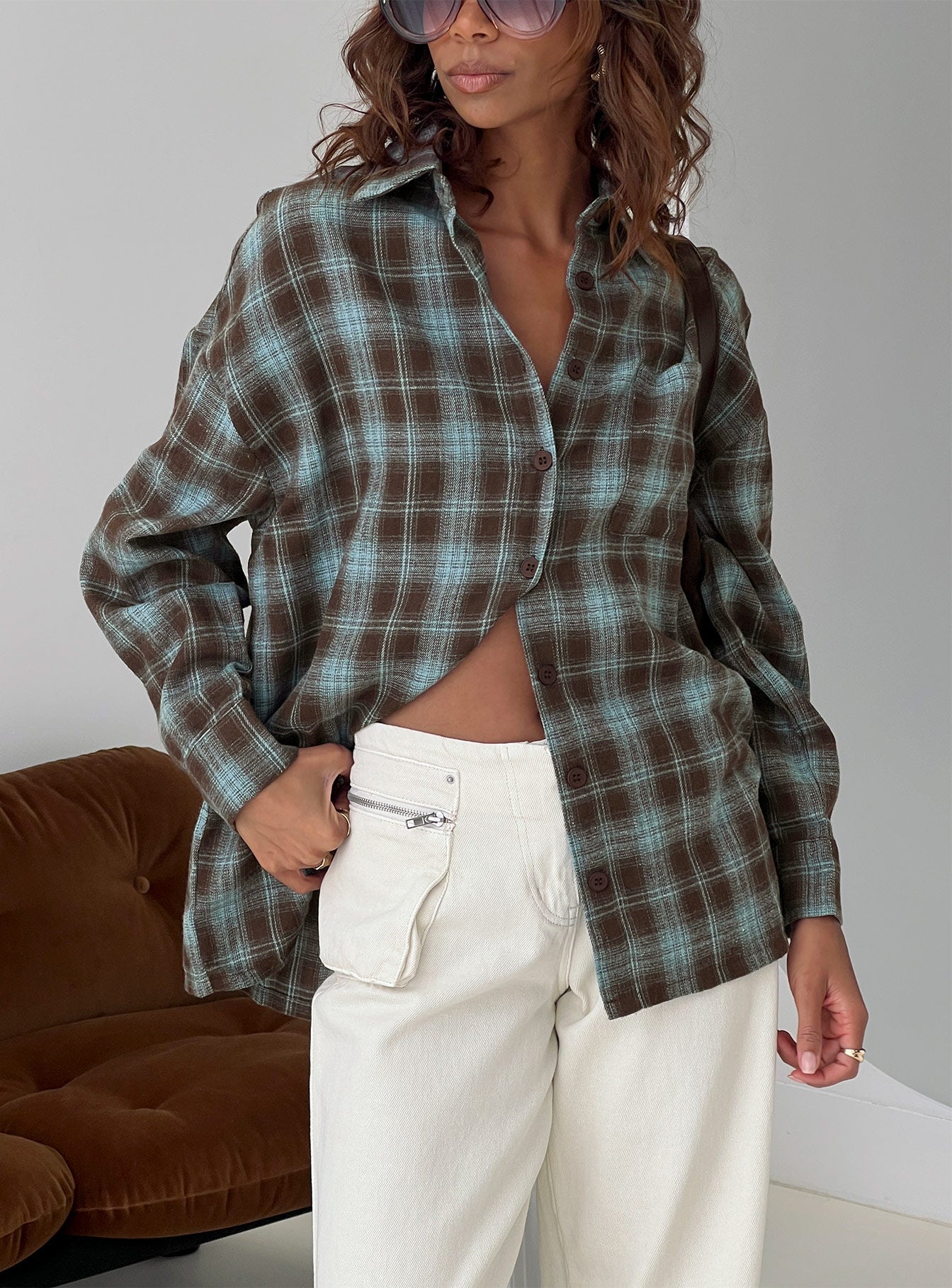 Perlita Long Sleeve Collared Shirt Brown Check