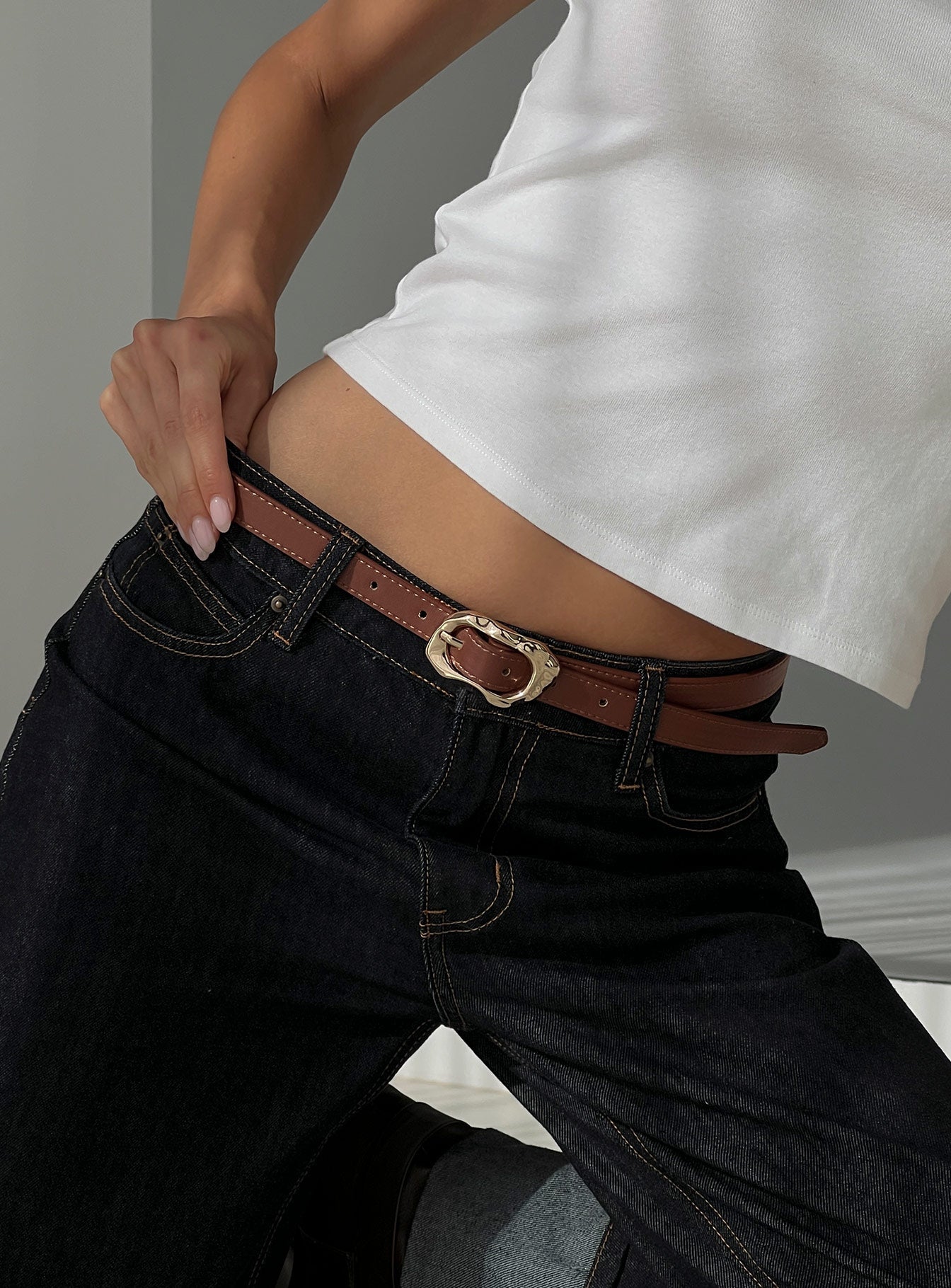 Capeside Faux Leather Belt Brown / Gold