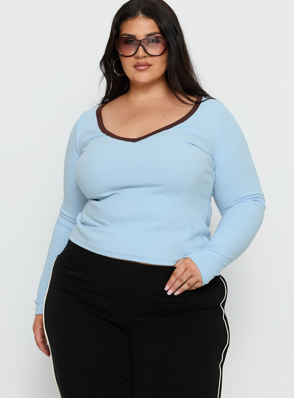 Baseline V Neck Long Sleeve Top Blue / Brown Curve