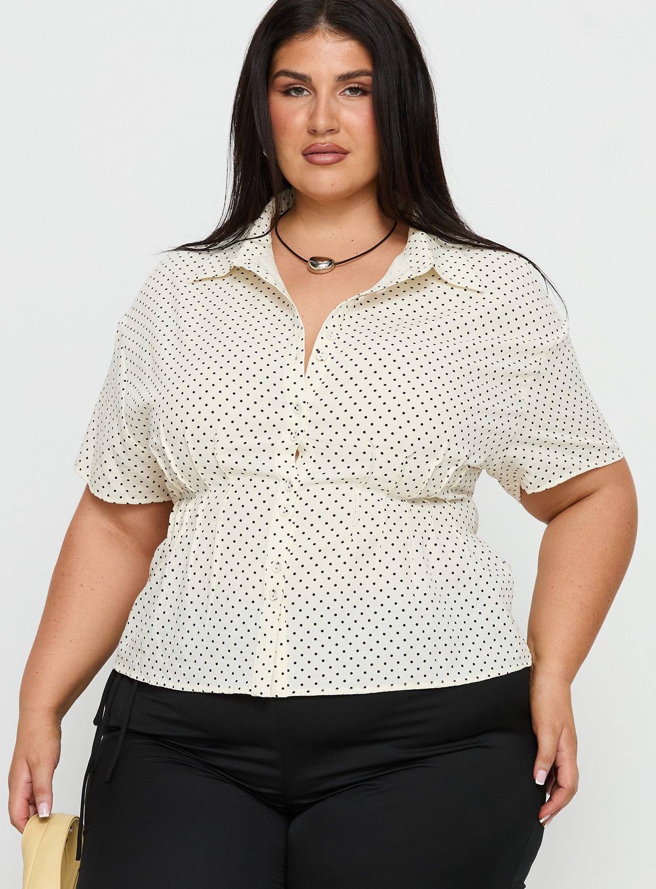Dannica Cinched Short Sleeve Shirt Cream Polka Curve