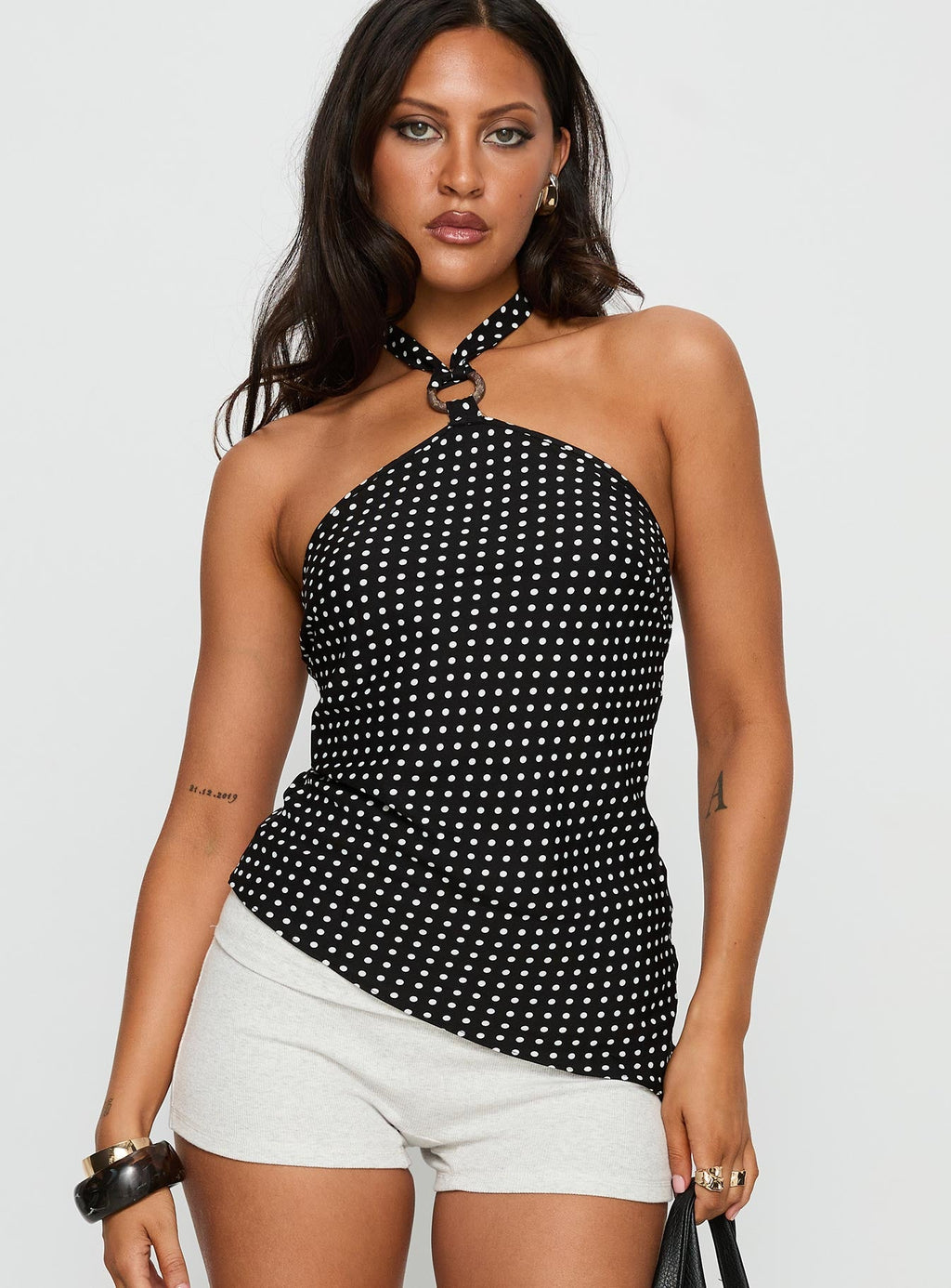 Clerissa Ring Detail Top Black Polka