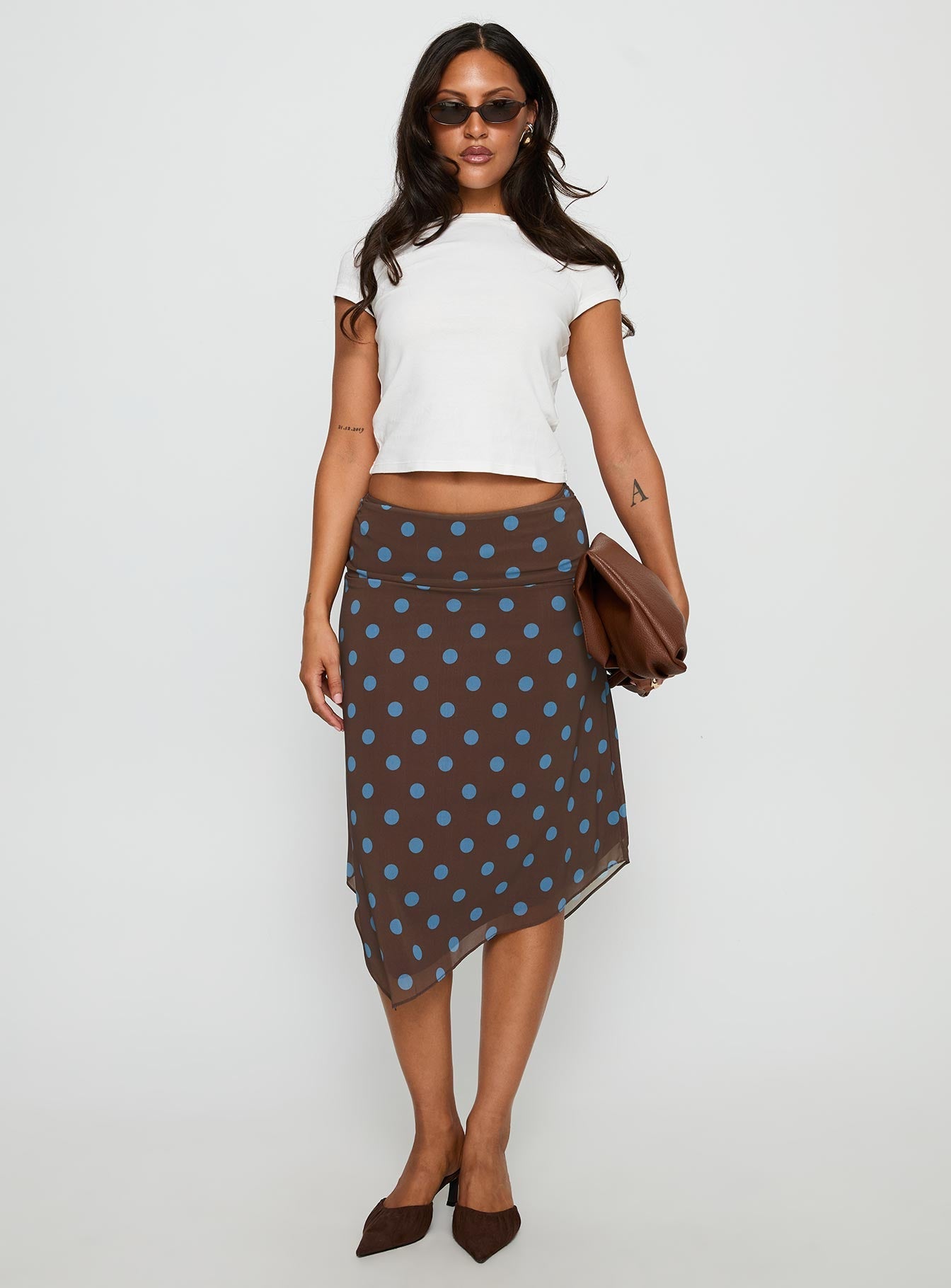 Daphene Asymmetrical Midi Skirt Brown / Blue Polka Dot