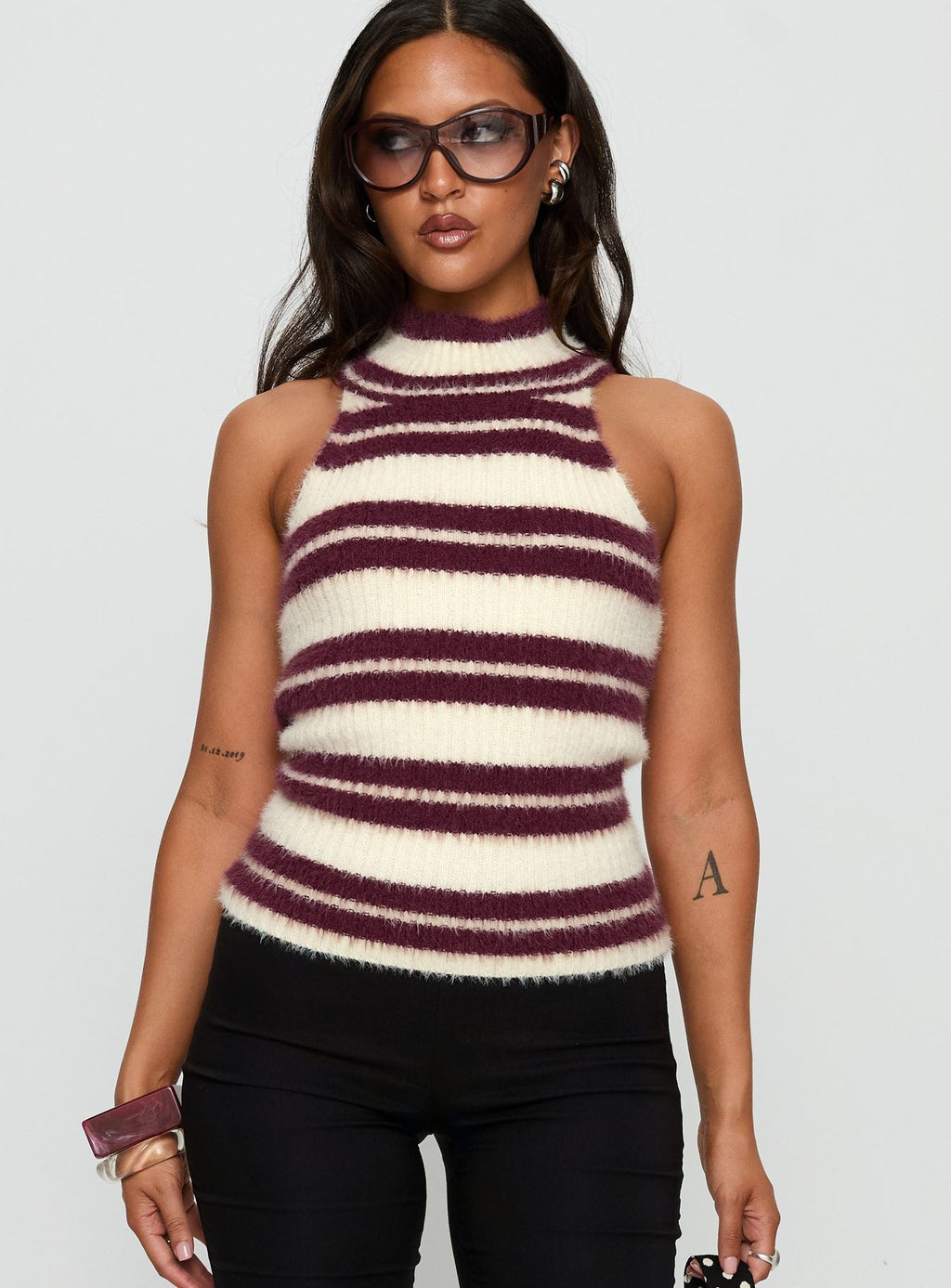 Heide High Neck Fluffy Top Burgundy Stripe