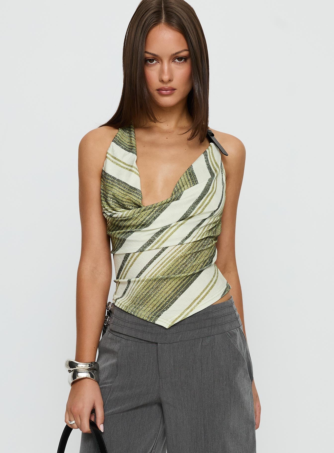 Syrenah Halter Cowl Neck Top Green Stripe