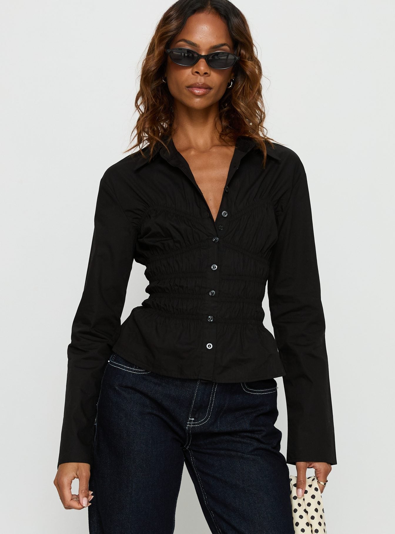 Liesel Shirred Long Sleeve Top Black