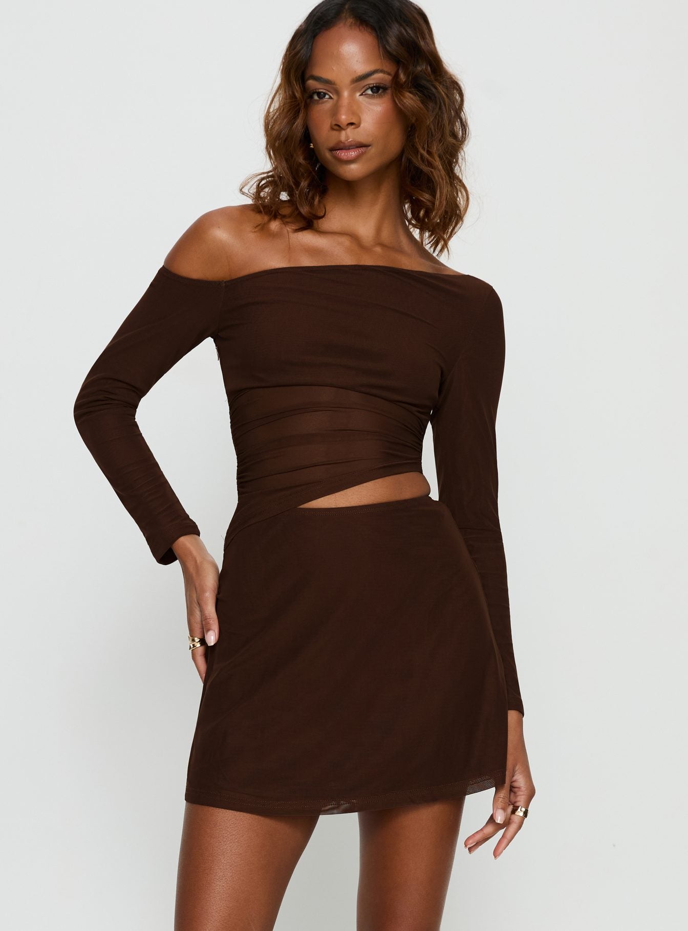 Fade To Black Off Shoulder Long Sleeve Mini Dress Chocolate