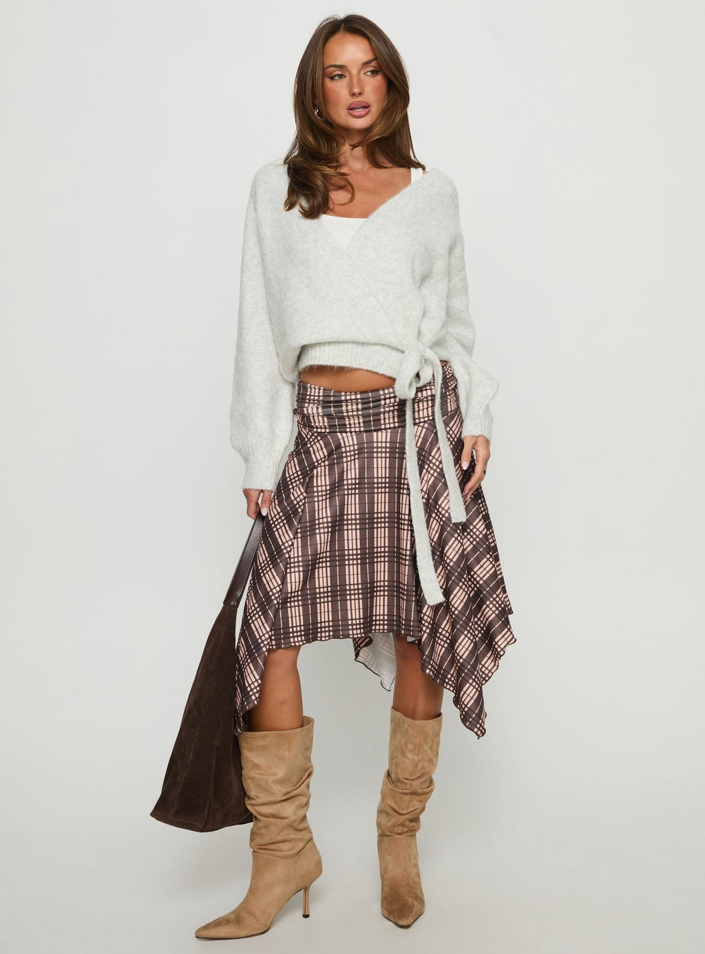 Scholar Asymmetrical Midi Skirt Brown Check