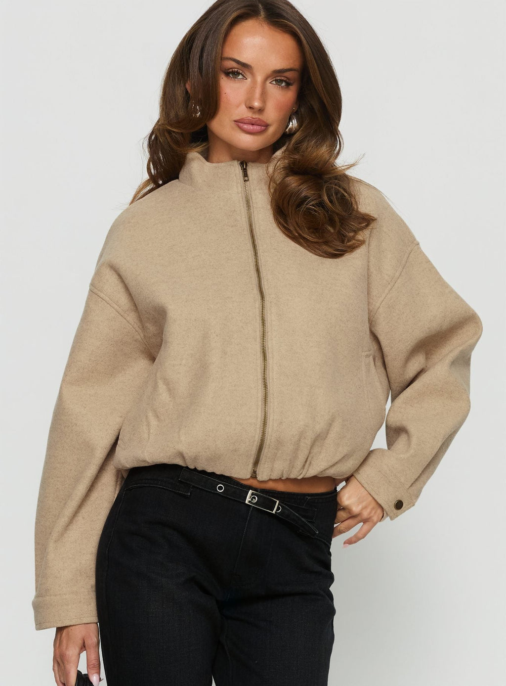 Chayden Cropped Bomber Jacket Beige