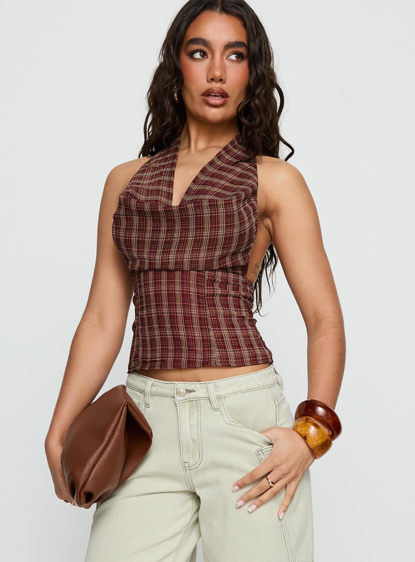 Kendia Plunge Halter Top Red Check