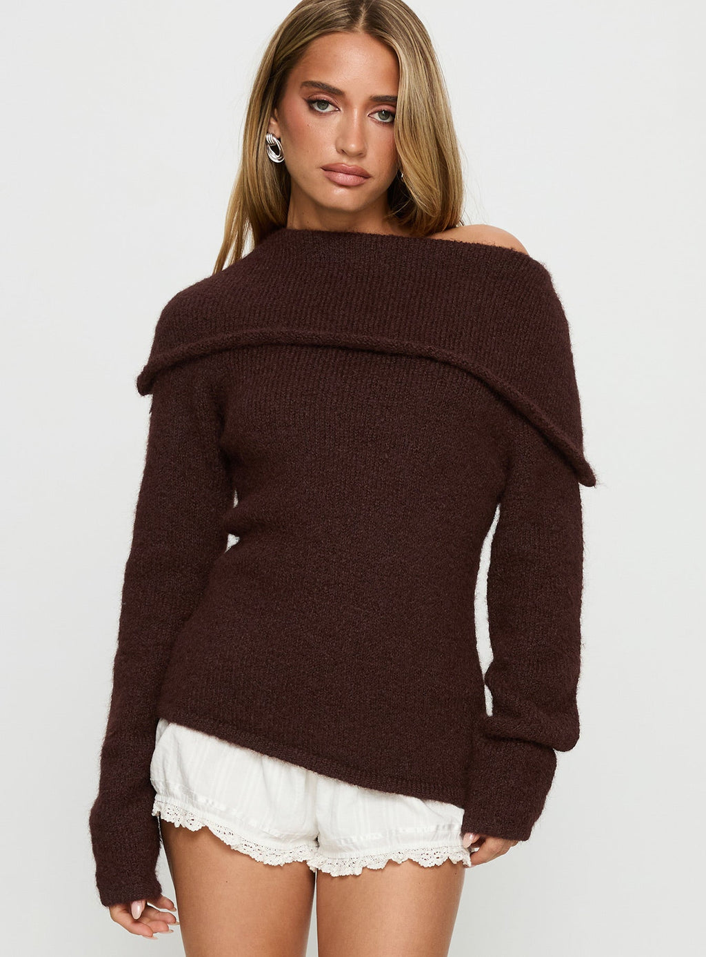 Kinslea Off Shoulder Knit Sweater Brown