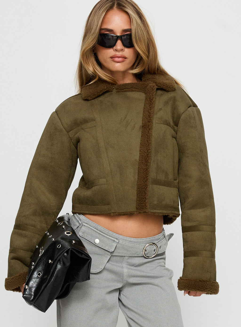 Swooning Cropped Faux Suede Jacket Green