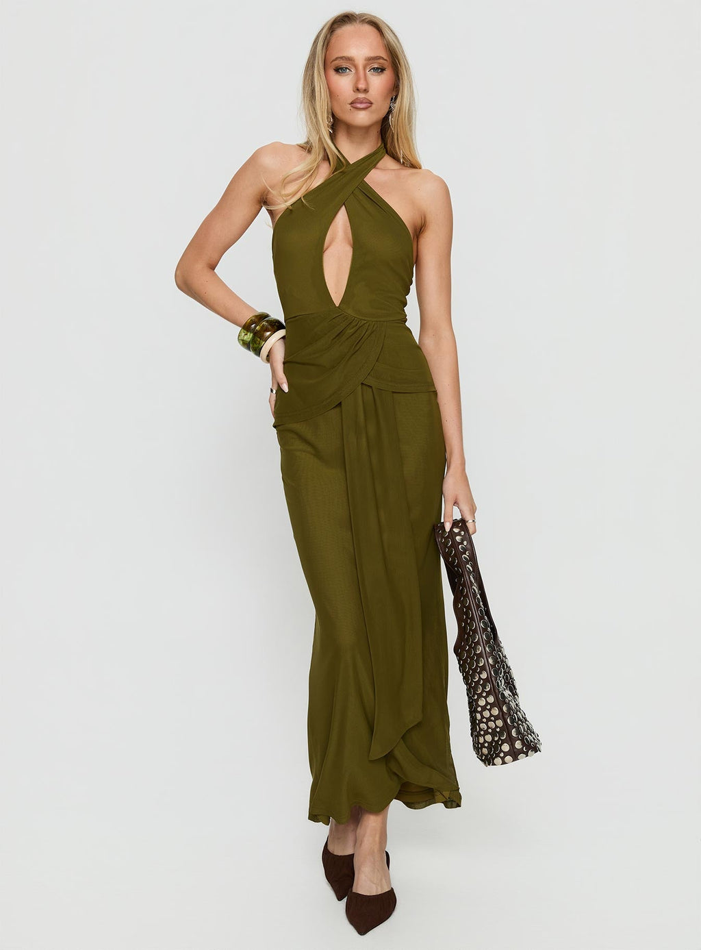 Feliza Keyhole Halter Maxi Dress Olive