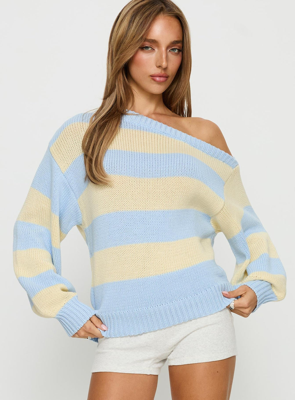 Alvena Off Shoulder Knit Sweater Blue stripe