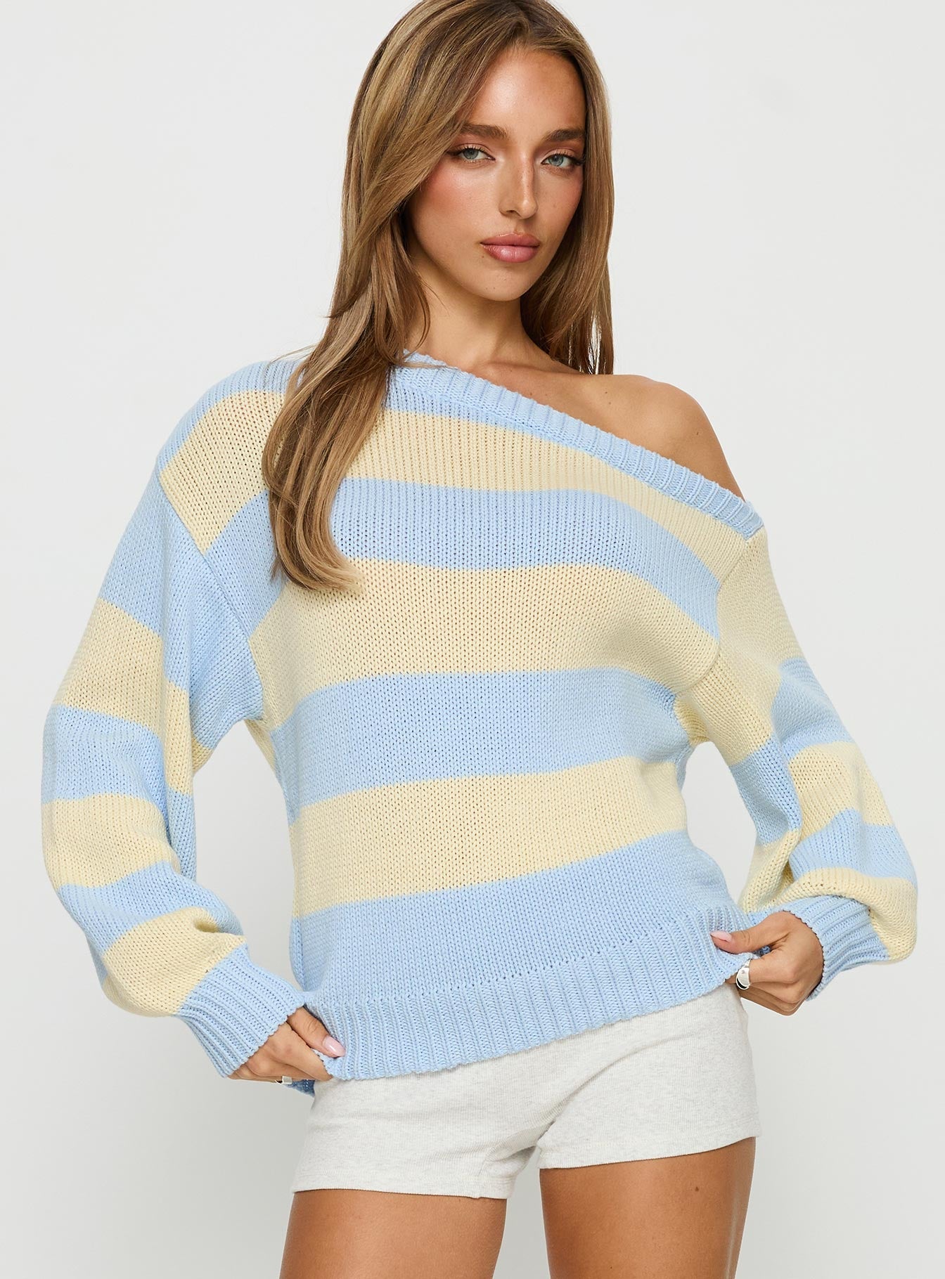 Alvena Off Shoulder Knit Sweater Blue stripe