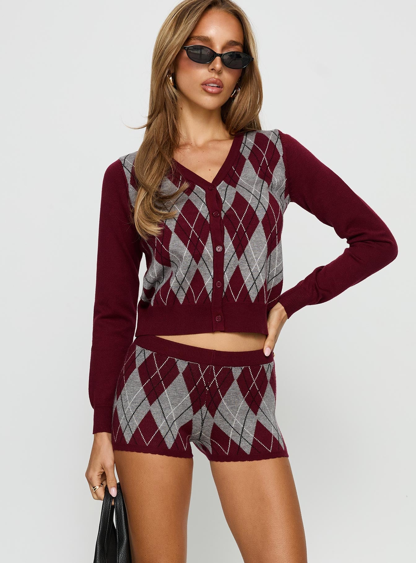Raiven Knit Shorts Burgundy Argyle