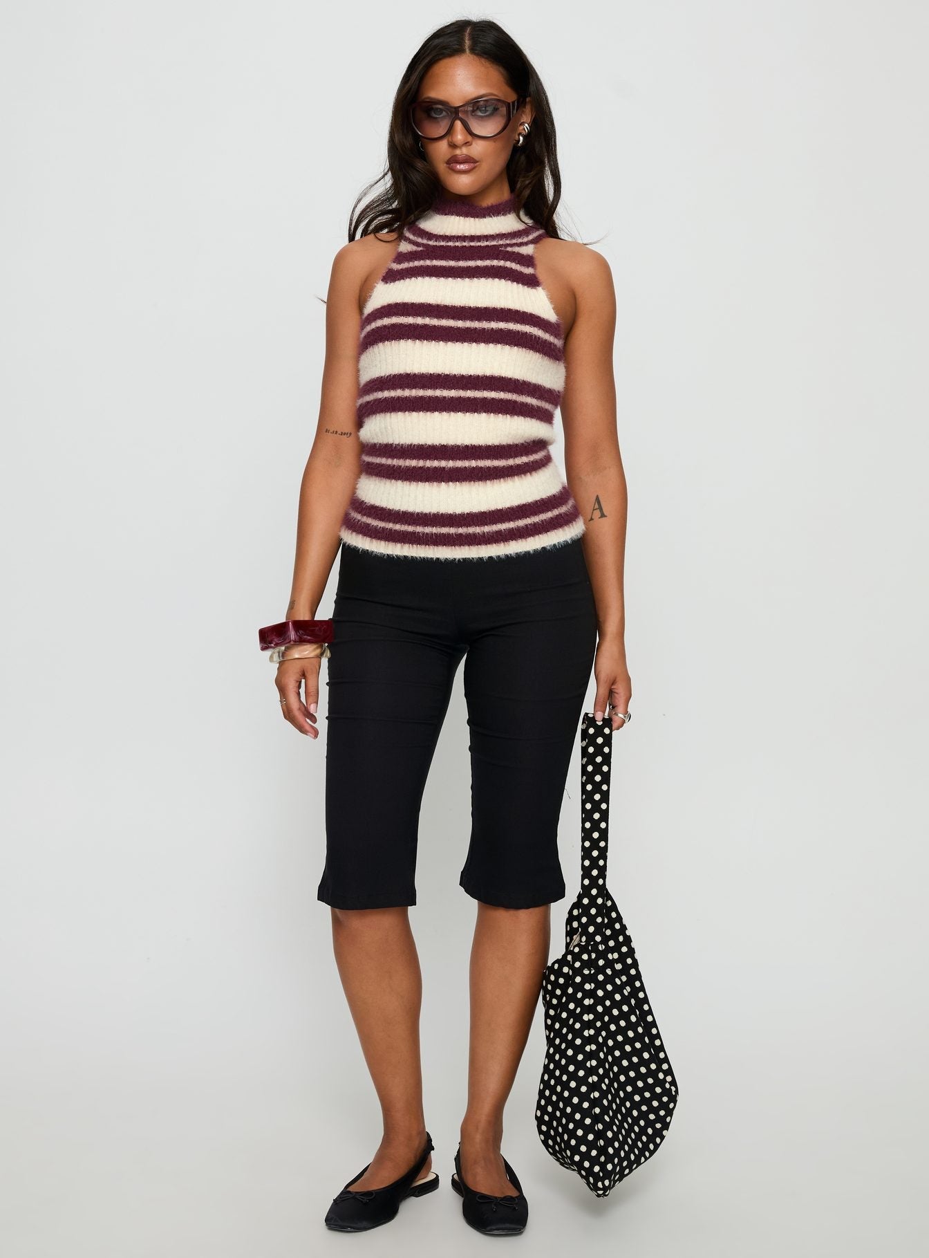 Heide High Neck Fluffy Top Burgundy Stripe