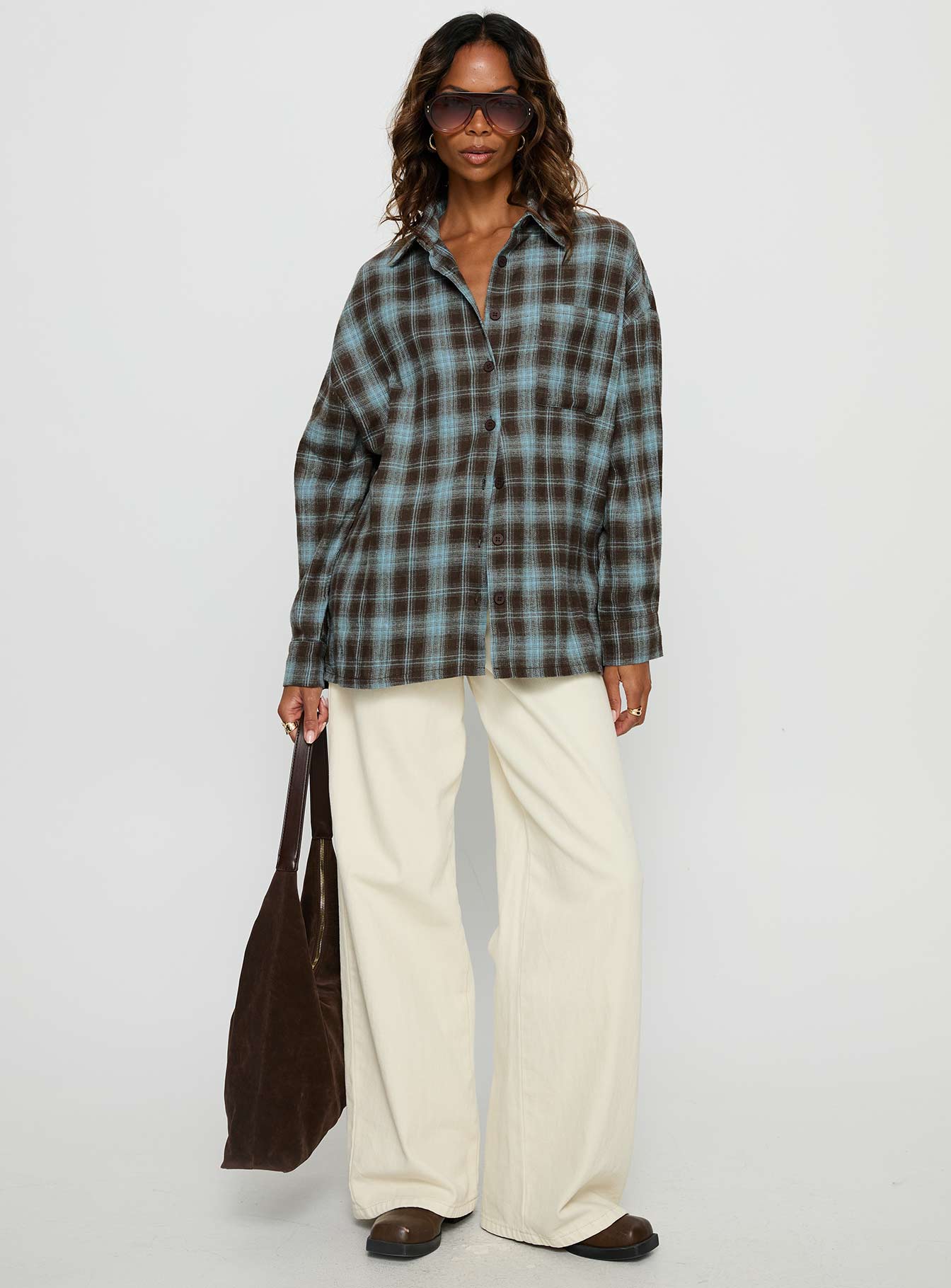 Perlita Long Sleeve Collared Shirt Brown Check