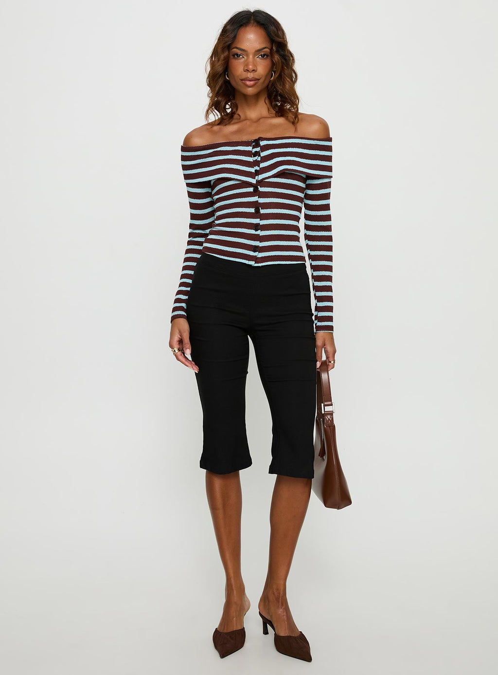Raelena Off Shoulder Long Sleeve Top Blue / Brown Stripe