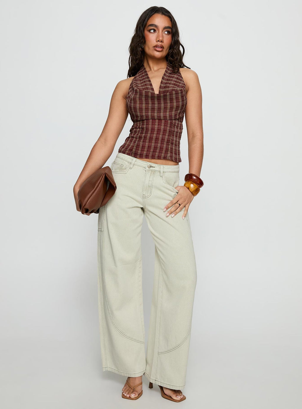 Kendia Plunge Halter Top Red Check