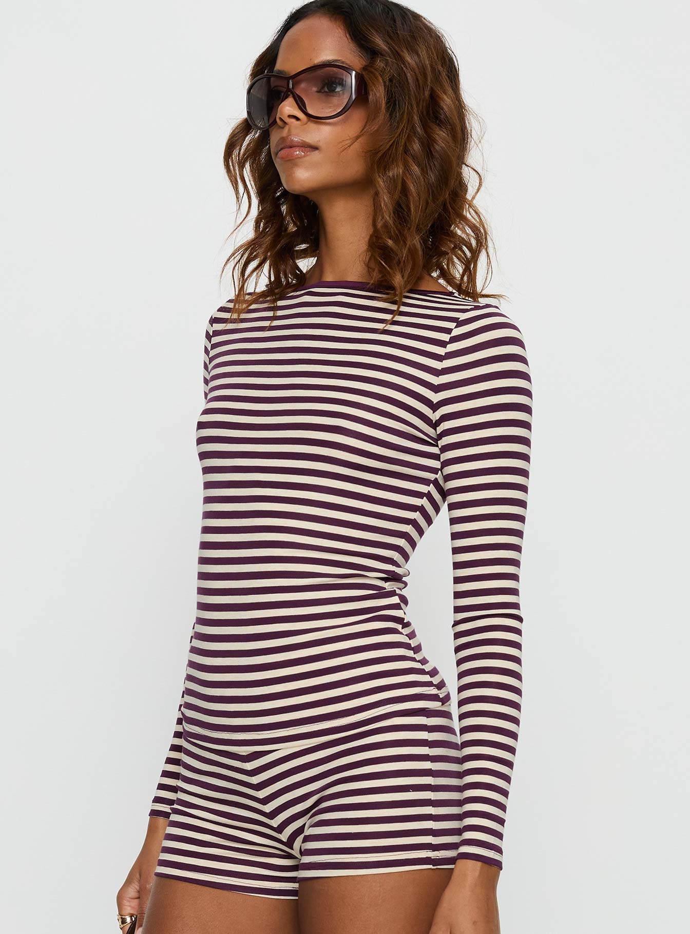 Caprise Wide Neck Long Sleeve Top Purple Stripe