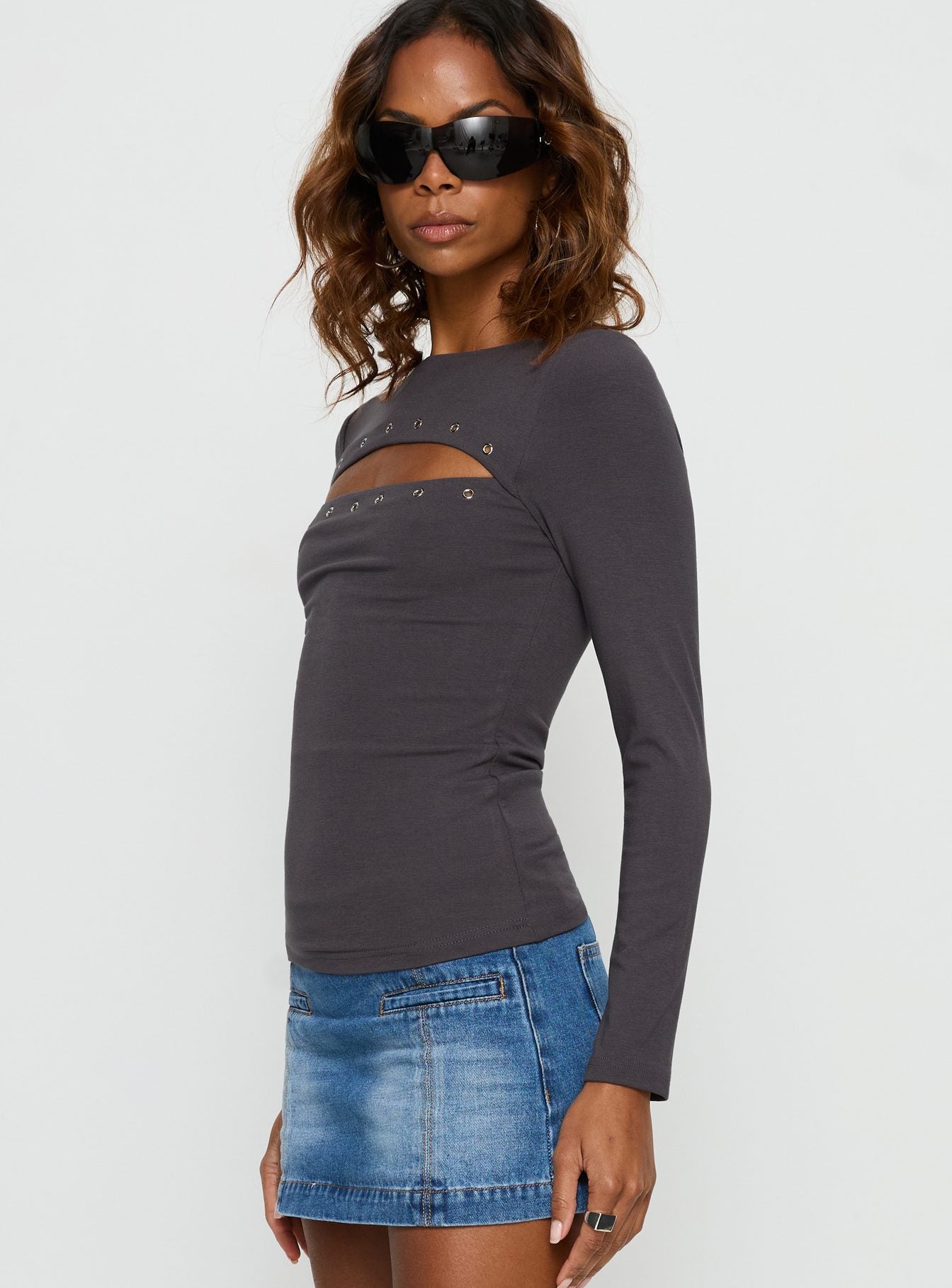 Izetta Eyelet Detail Long Sleeve Top Charcoal