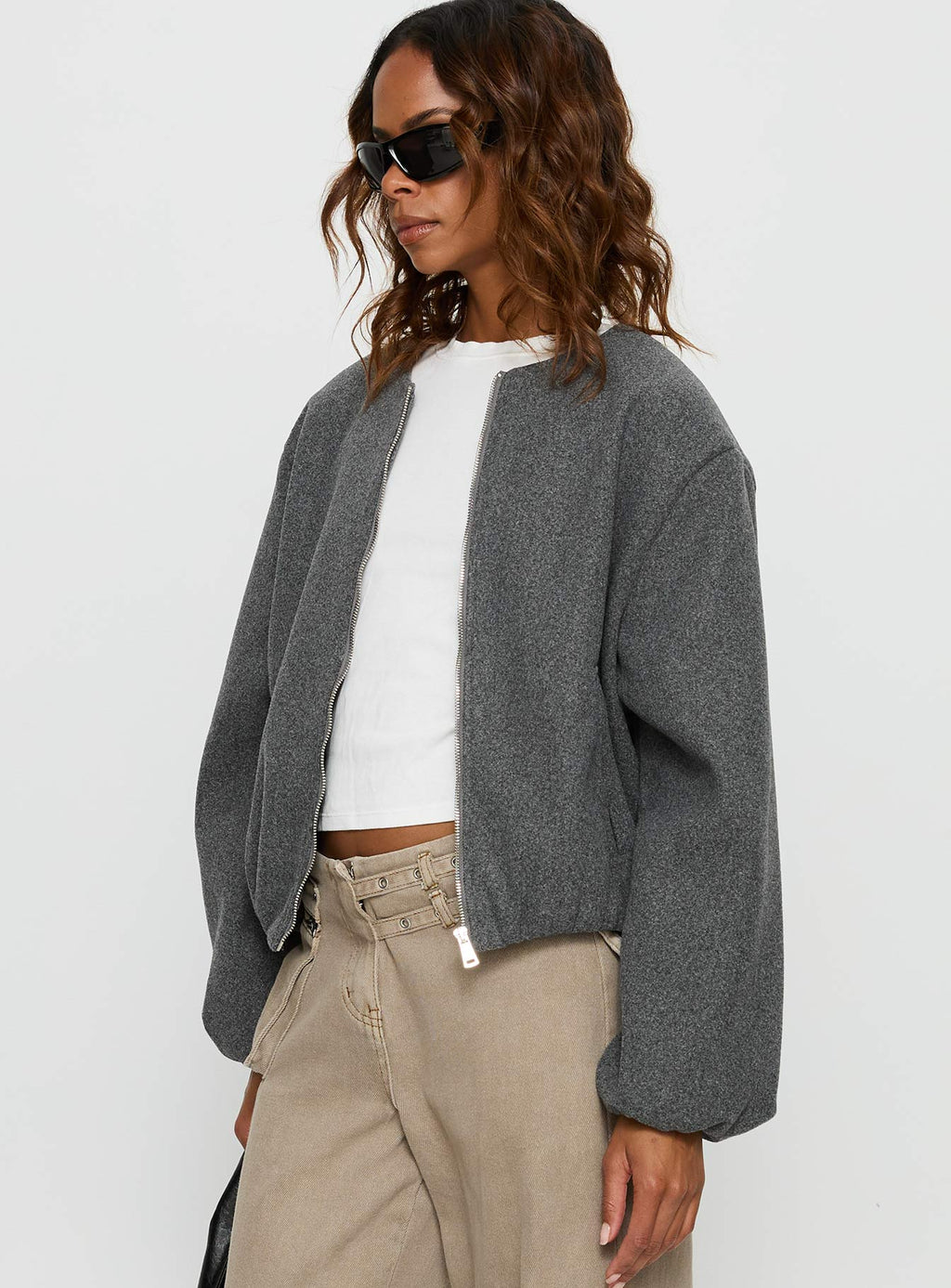 Karletta Cropped Bomber Jacket Grey