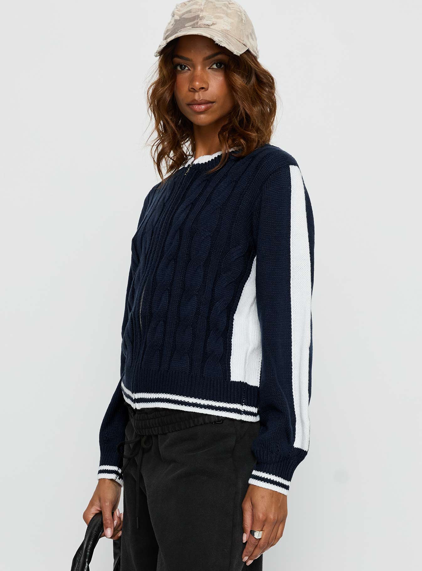 Tevyn Cable Knit Zip Through Knit Sweater Blue / Cream