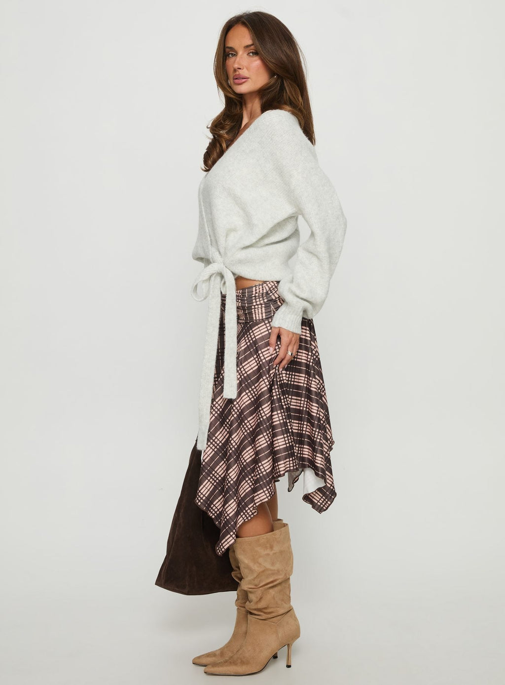 Scholar Asymmetrical Midi Skirt Brown Check