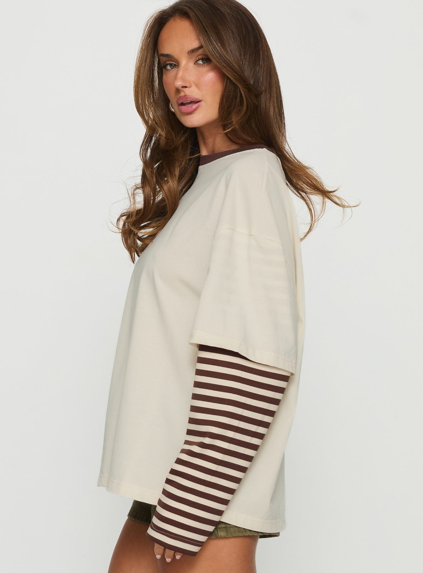 Ryann Long Sleeve Layered Top Cream / Brown Stripe
