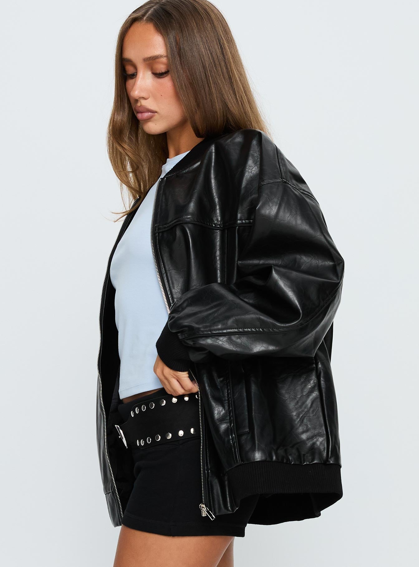 Believe It Faux Leather Bomber Jacket Black
