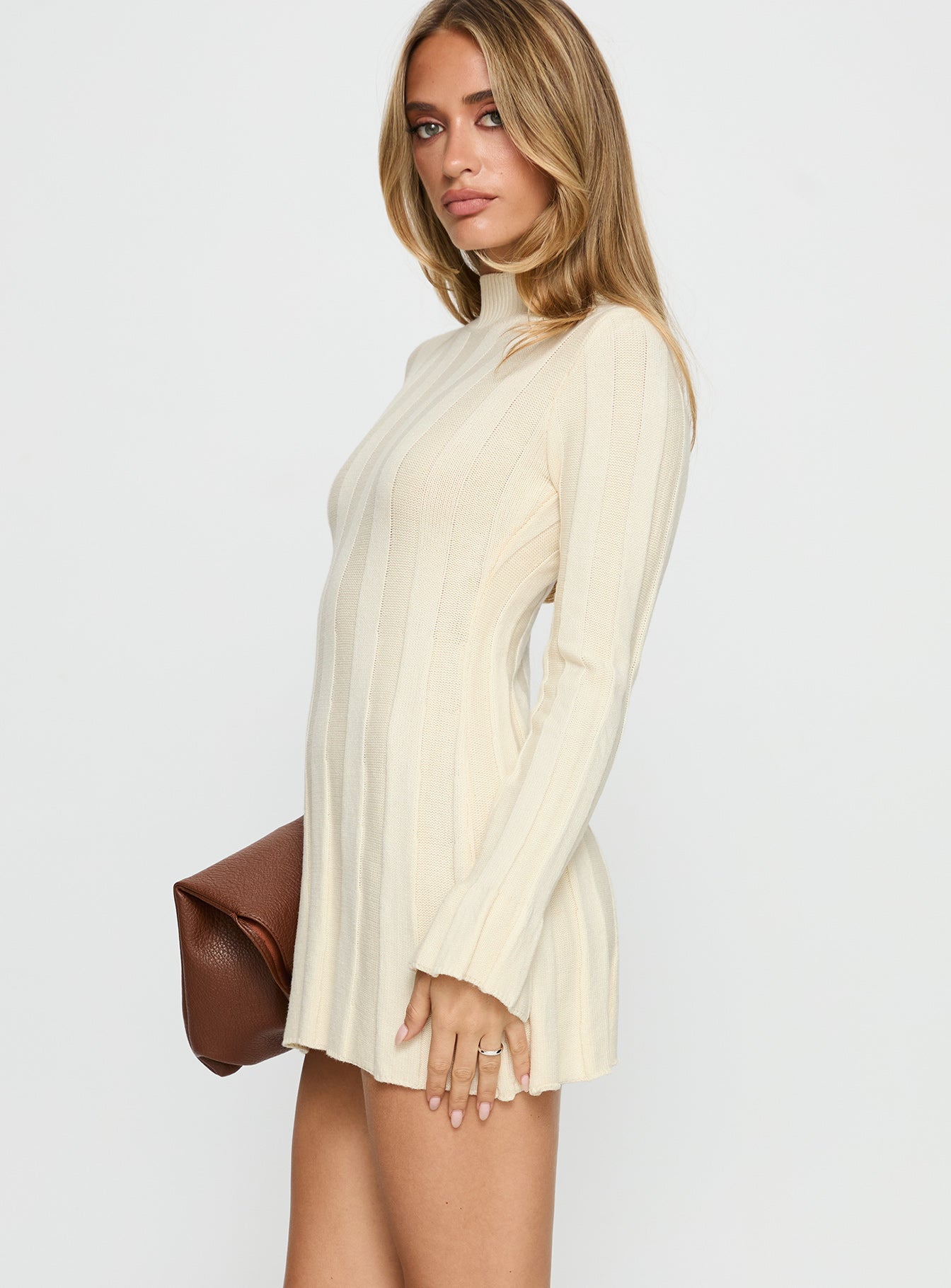 Carlee Rib Long Sleeve Mini Dress Cream