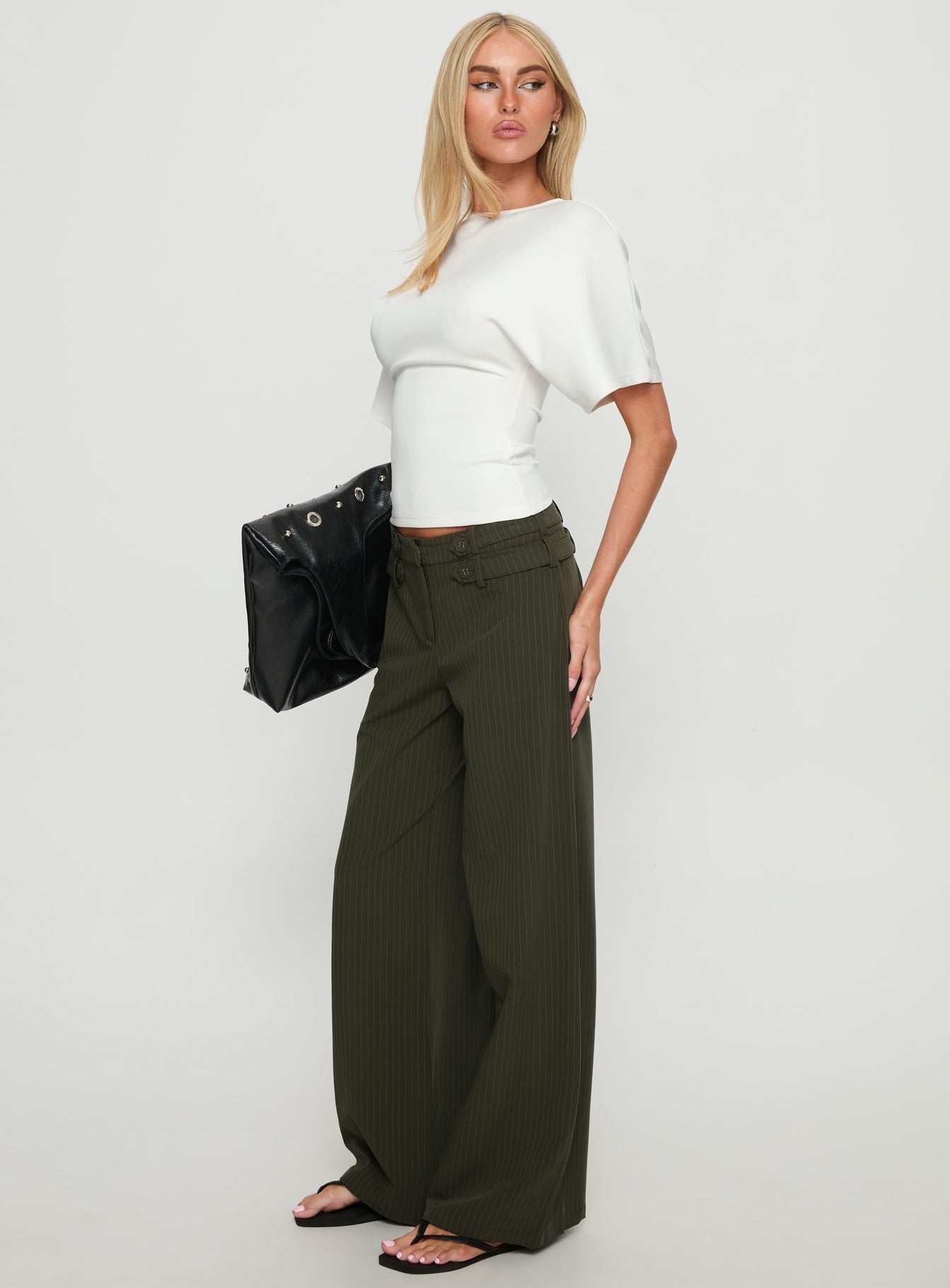 Jette Tailored Buckle Pant Green Pinstripe