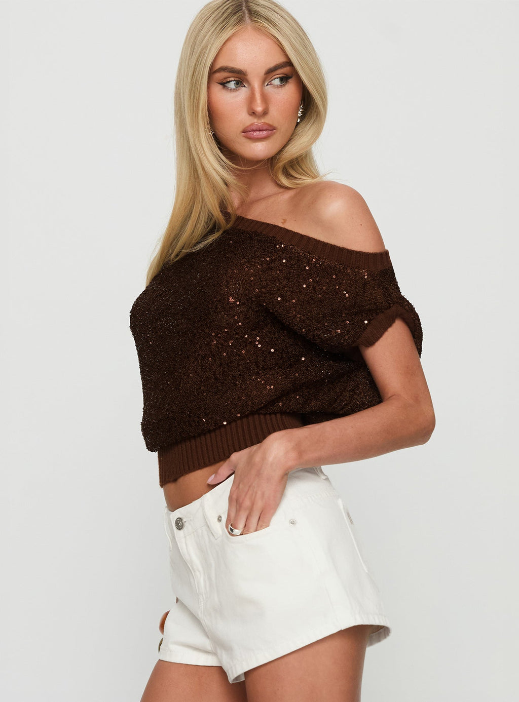 Marysa Sequin Knit Blouson Top Brown