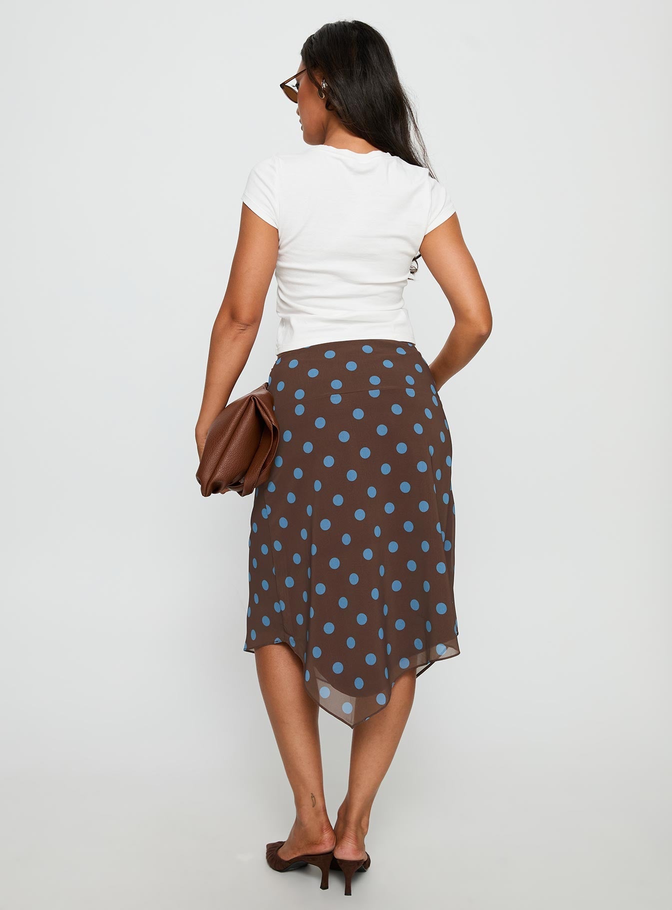 Daphene Asymmetrical Midi Skirt Brown / Blue Polka Dot