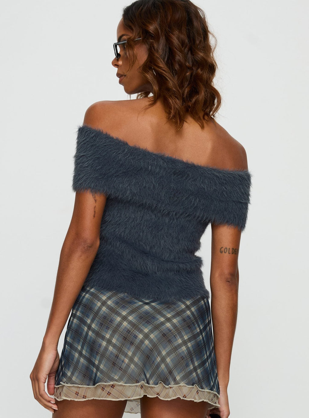 Wrylie Off Shoulder Fluffy Top Charcoal