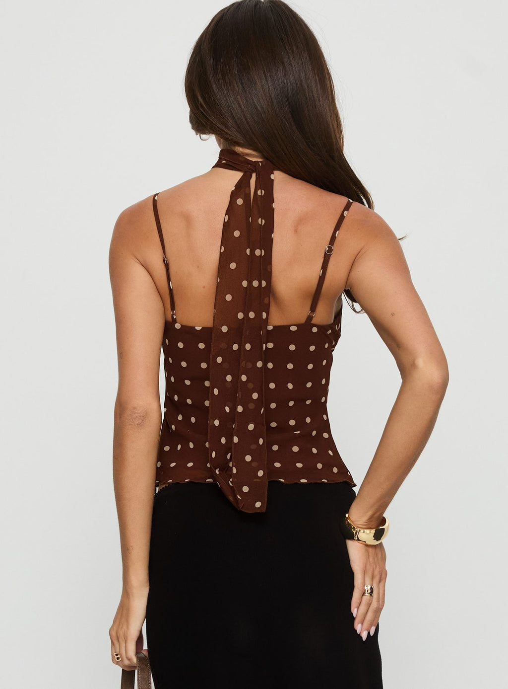 Mishy Scarf Detail Cami Top Brown Polka