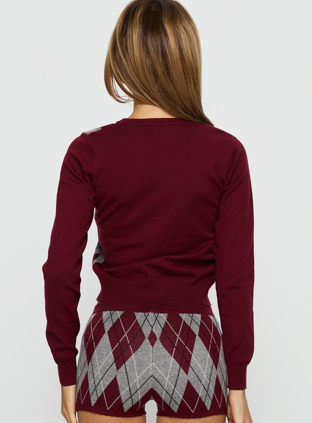 Raiven Knit Cardigan Burgundy Argyle