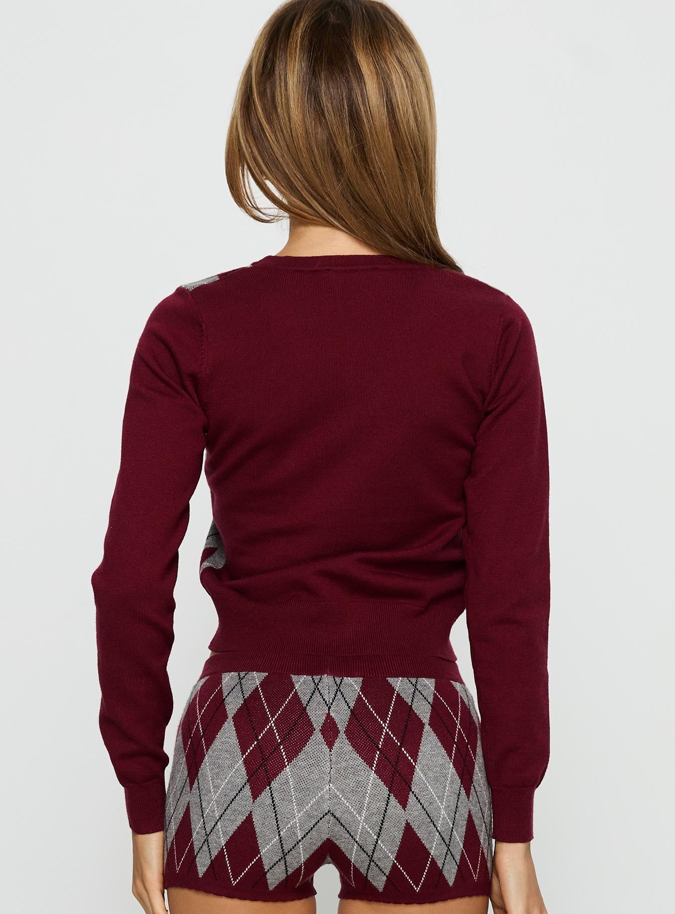 Raiven Knit Cardigan Burgundy Argyle