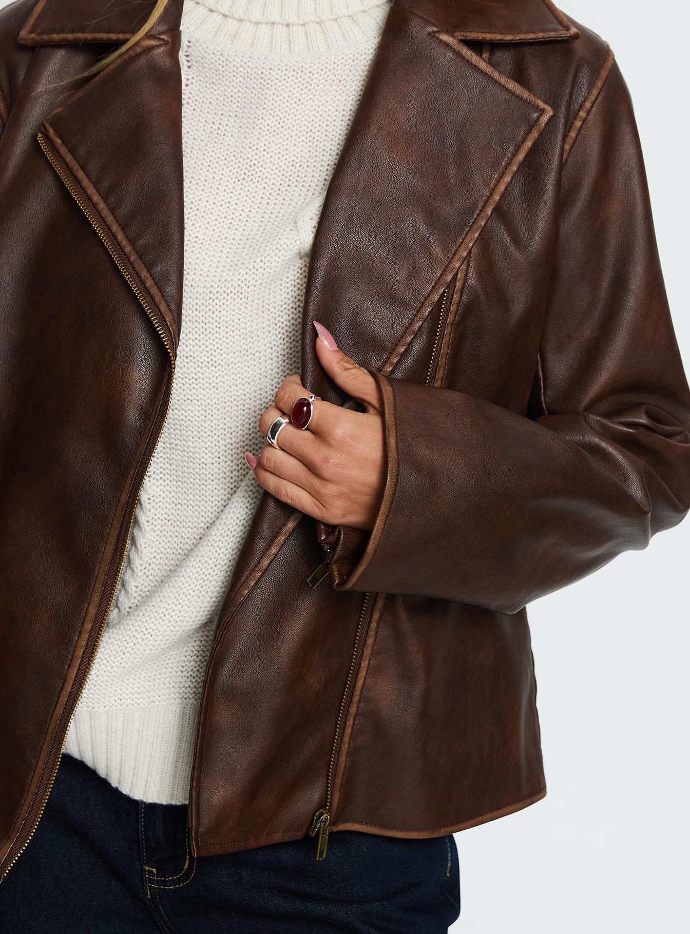 Vyolette Faux Leather Collared Jacket Washed Brown