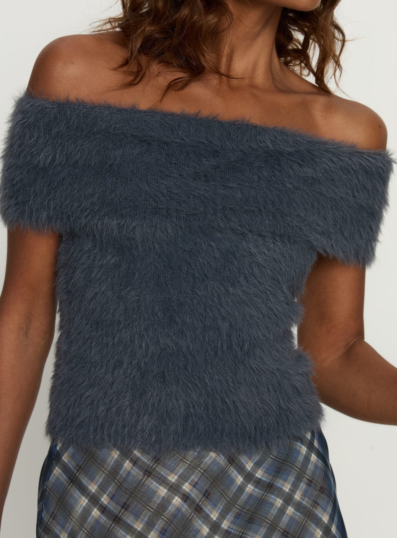 Wrylie Off Shoulder Fluffy Top Charcoal