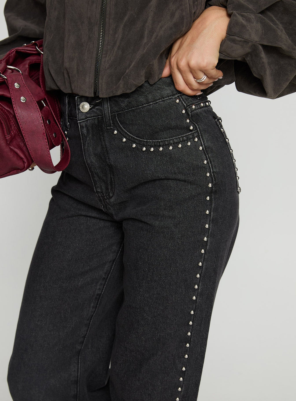 Saving Up Mid Rise Straight Leg Studded Jeans Jet Black