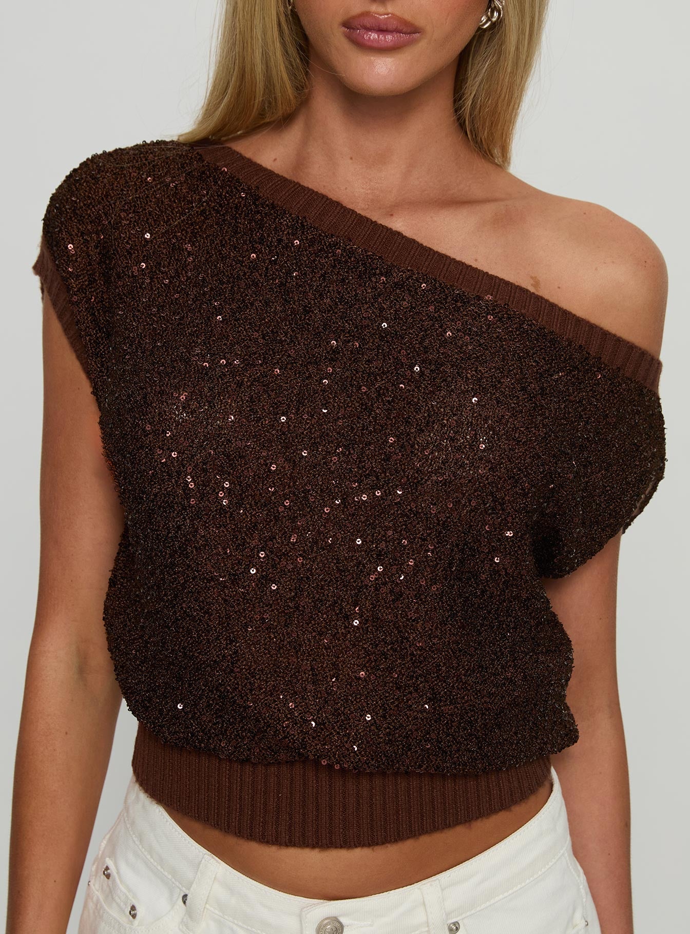 Marysa Sequin Knit Blouson Top Brown