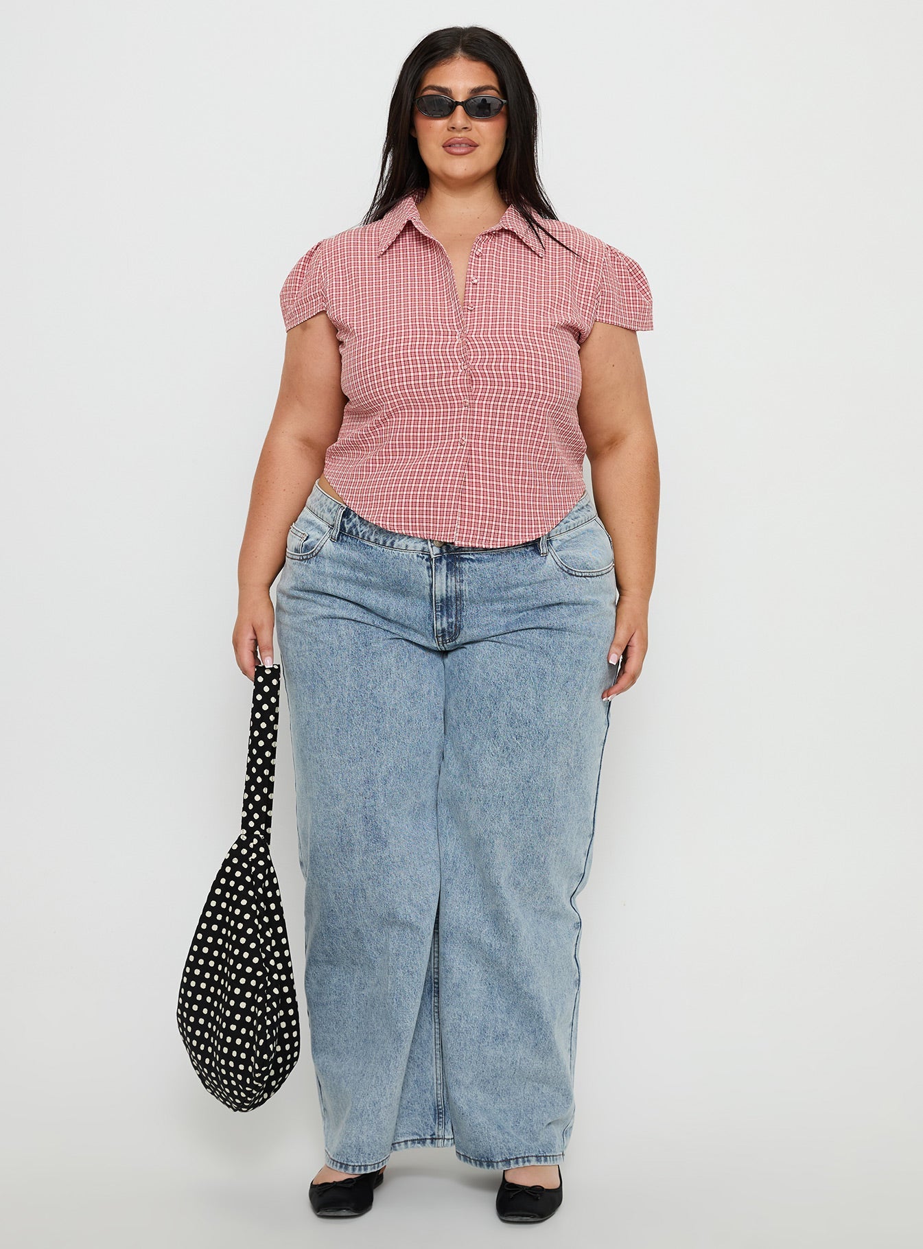 Float Away Button Up Top Red Check Curve