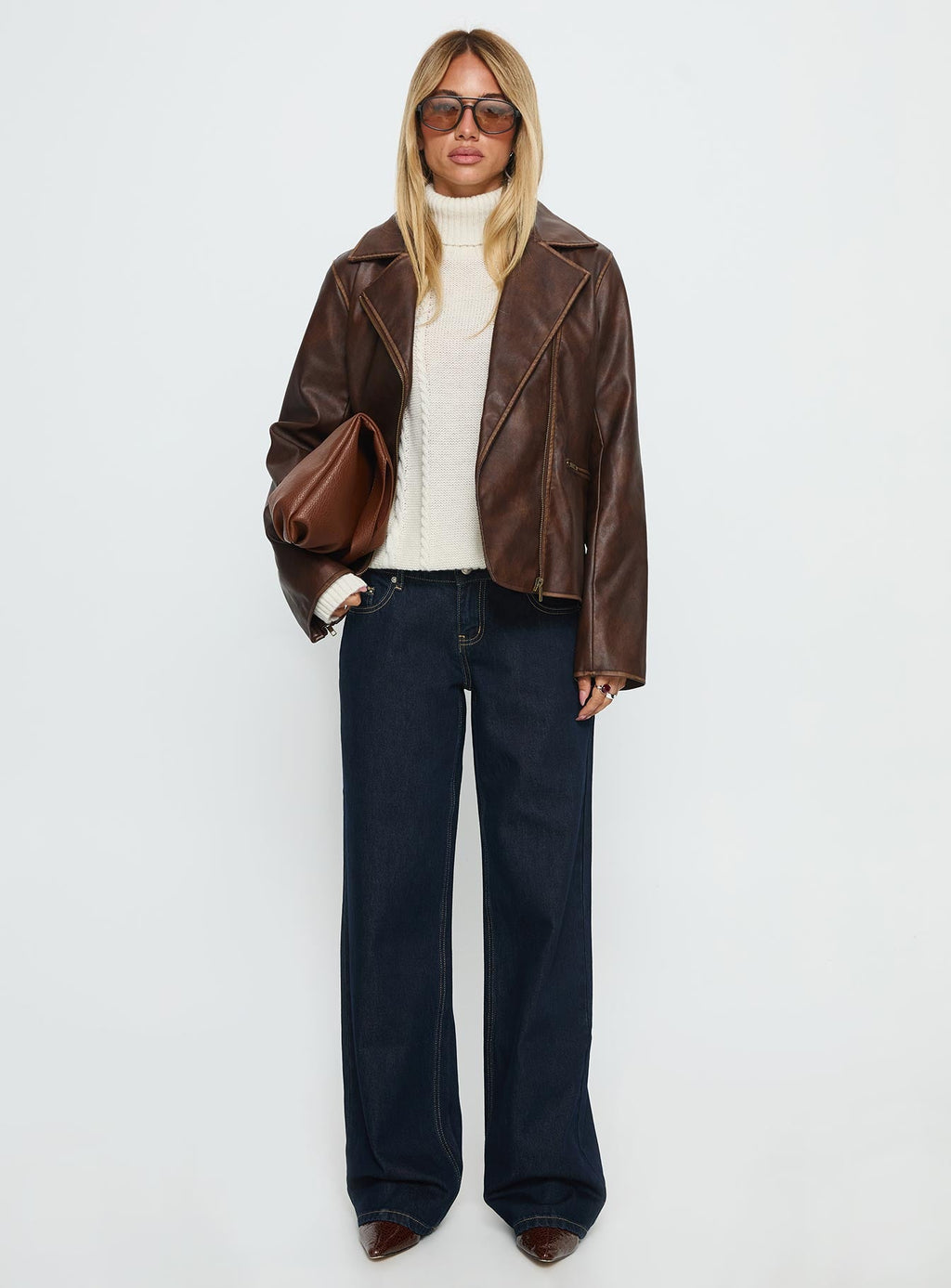 Vyolette Faux Leather Collared Jacket Washed Brown