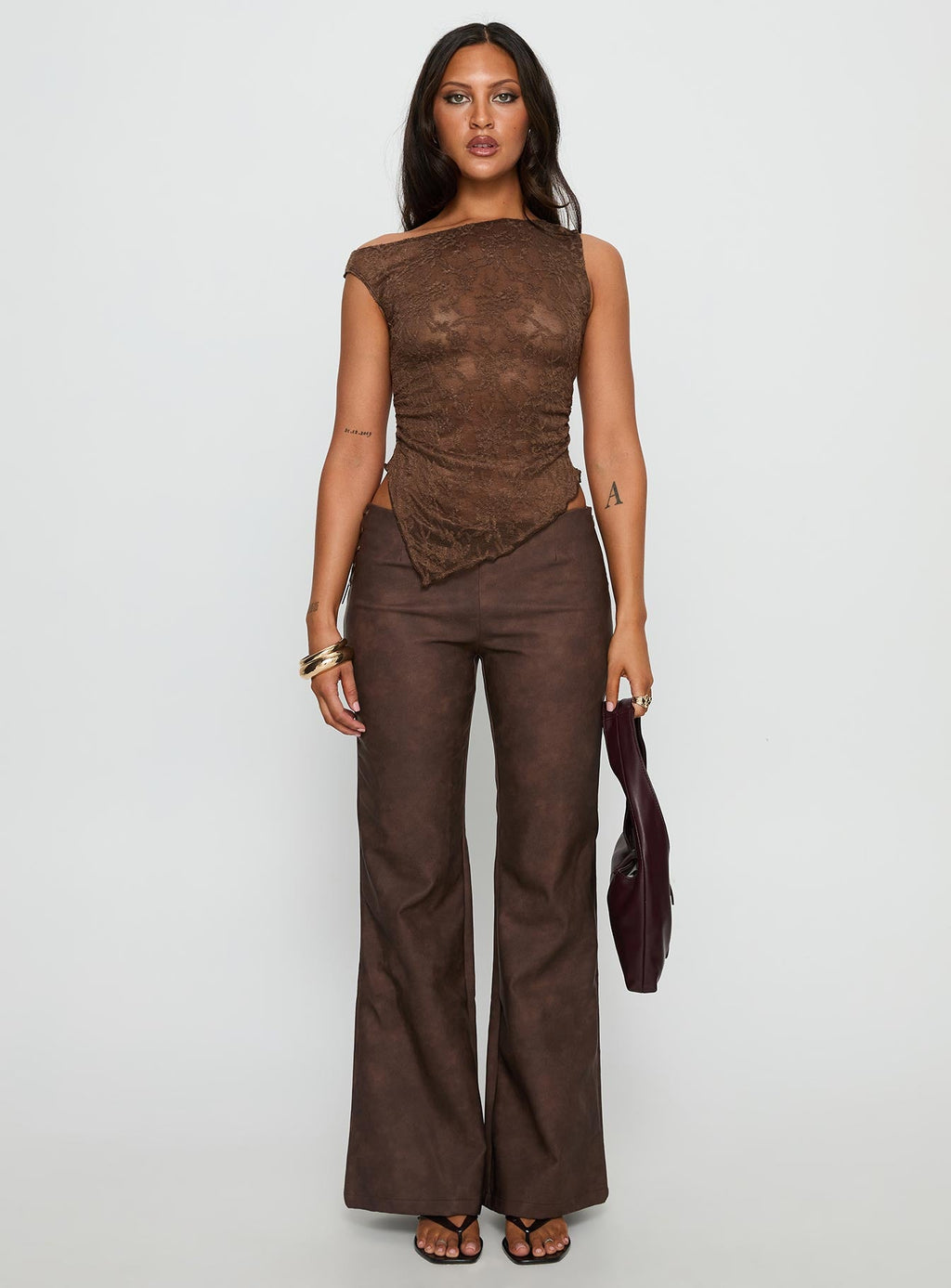 Decia One Shoulder Lace Top Brown