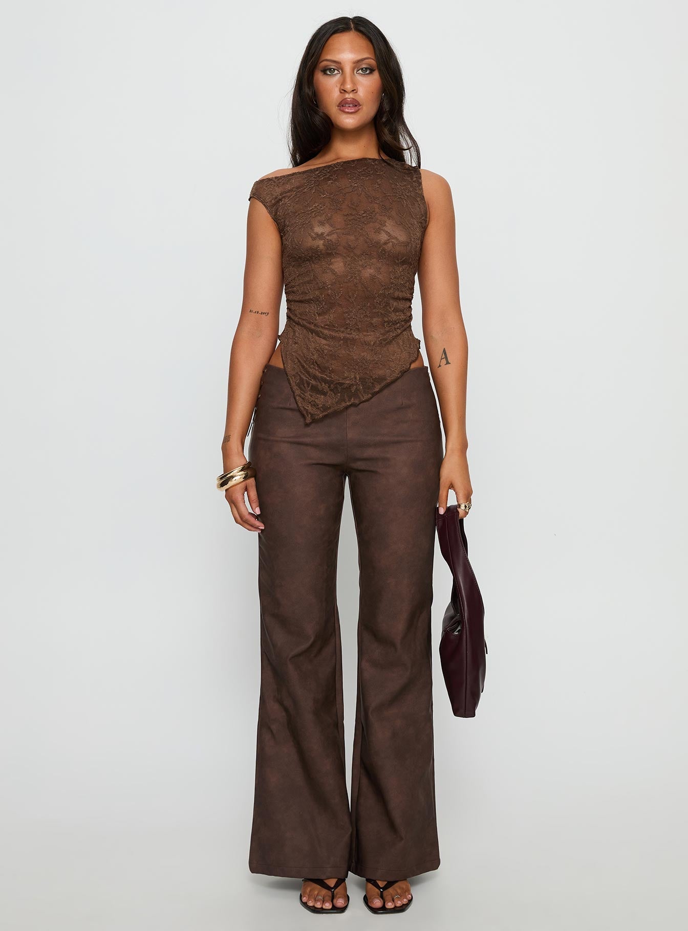 Decia One Shoulder Lace Top Brown