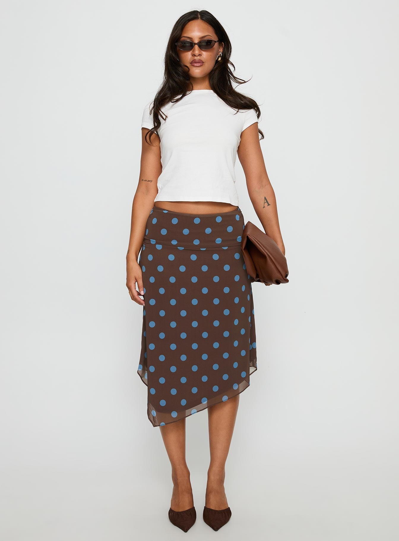 Daphene Asymmetrical Midi Skirt Brown / Blue Polka Dot
